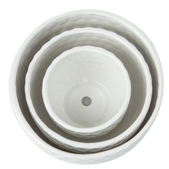 White 3pc Set Textured Ceramic Planters and Attached Saucers #POT0055 - Picture 4 of 7